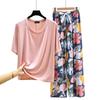 T-shirt girocollo in modal con pantaloni a gamba larga floreali in popeline Set pigiama estivo sottile Tuta casual larga per dormire Loungewear comodo tutto da abbinare