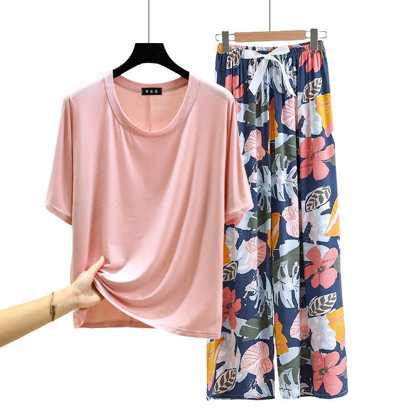 T-shirt girocollo in modal con pantaloni a gamba larga floreali in popeline Set pigiama estivo sottile Tuta casual larga per dormire Loungewear comodo tutto da abbinare