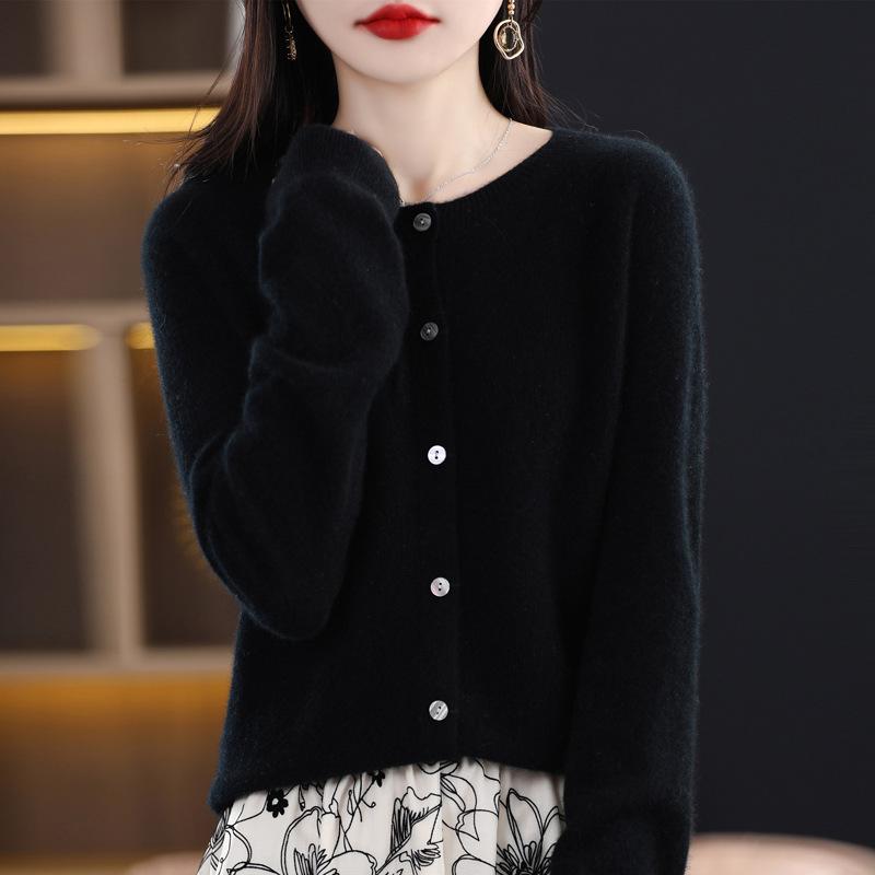 Cardigan Women Round Neck Spring and Autumn Long-sleeved Tunic Tops Pure Wool Knitted Jacket Plus Size