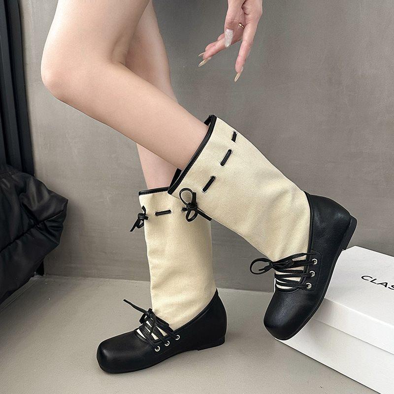 Round head women's inner height increase new wind thick-soled mid-tube boots straps autumn and winter mid-tube boots retro ballet