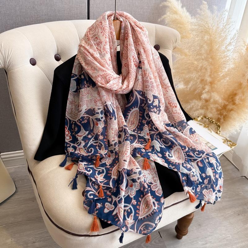 New Small Fresh Hanging Beard Cashew Literary Cotton Hemp Scarf Women's Summer Travel Thin Sunscreen Shawl Sunshade