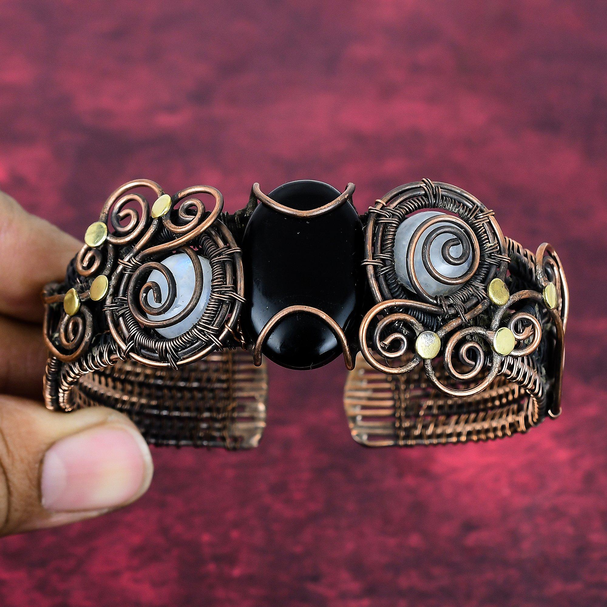 Черный оникс Браслет-манжета Медная проволока Обернутый Регулируемый браслет Лунный камень Браслет-манжета Adjustable