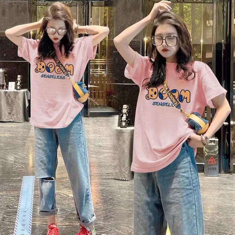 Top 2025 new cotton short-sleeved t-shirt women's summer medium and long round neck loose printed t-shirt ns tide