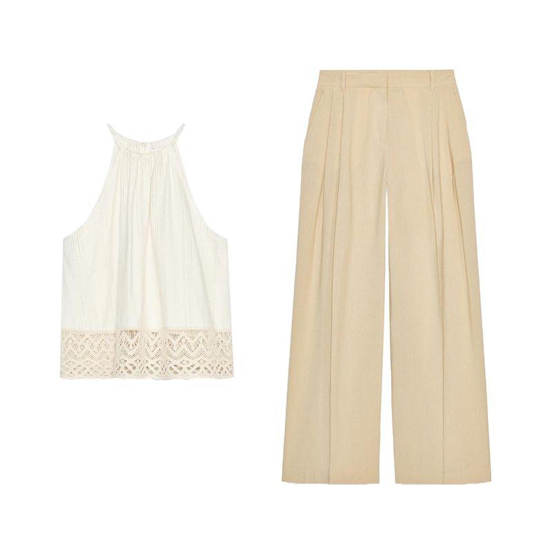 Vacation Style Back Slit Tops 3564123 Linen Blend Pleated Wide Leg Casual Trousers 3479848