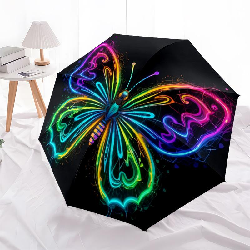 1pc Neon Butterfly Automatic Folding Umbrella Compact Lightweight Travel Umbrella with 8-Rib Sturdy Frame, Windproof & Self009