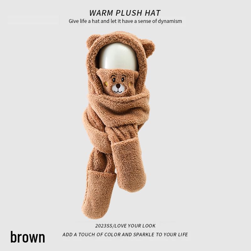 Women's 2024 Winter Little Bear Plush Hooded Scarf Set - Warm Three-Piece Neck Warmer