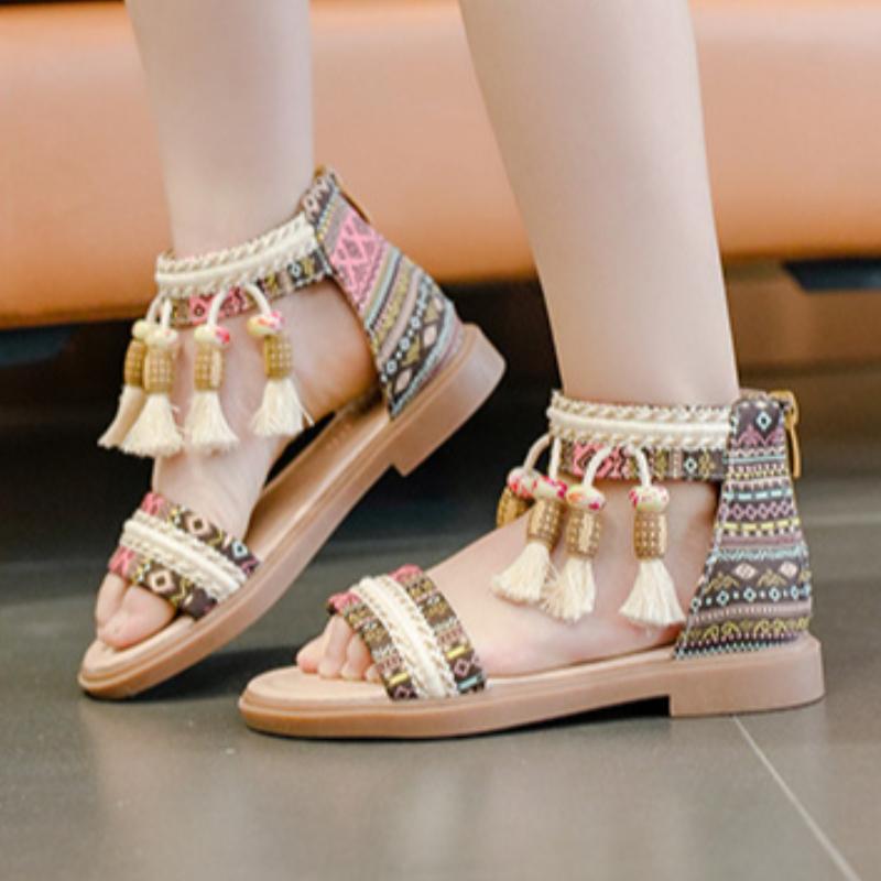 Children's Roman Shoes, Girls' Sandals, Summer Korean Edition, Middle and Large Children's Soft Bottom, Ethnic Style, Retro, Student Shoes