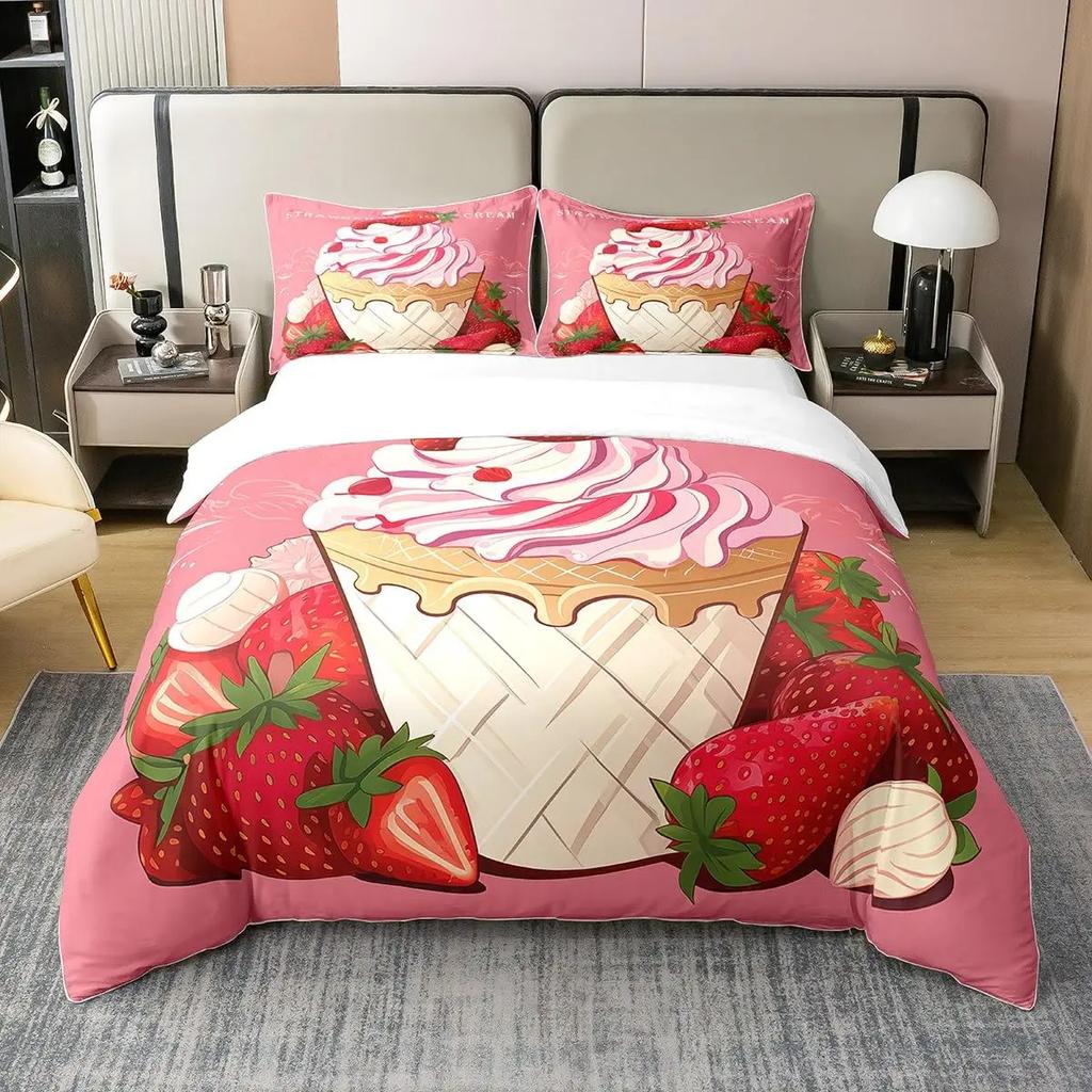 Cartoon Image Bedding Set Melting Ice Cream Pattern Decorative Image Bedding Set With Pillowcase Kids Women Holiday Gift
