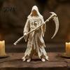 Halloween Party Supplies Gothic Grim Reaper Figurine, 3D Printed Hooded Statue with Sickle, Spooky Robe Decoration for Indoor Home Tabletop