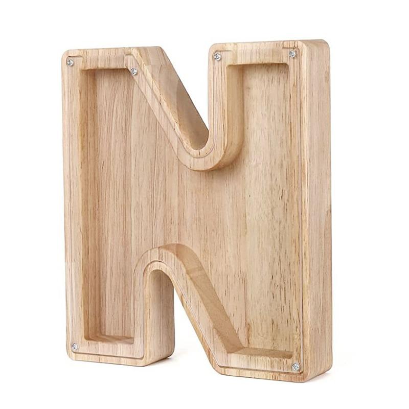 18cm Twenty-six Letter Piggy Bank Wooden Coin Money Saving Box Jar Coins Storage Box Desktop Ornament Home Decor Craft Xmas Gift