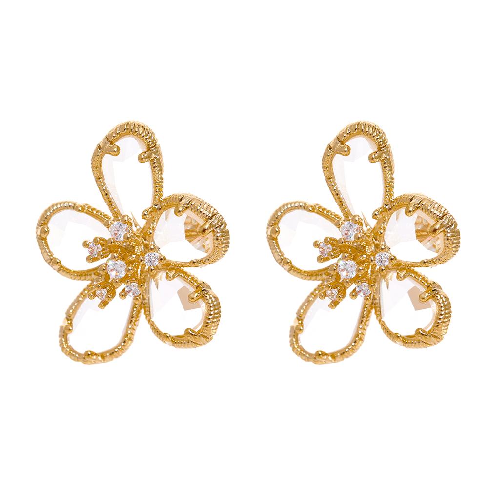 Yhpup Shiny Cubic Zirconia Flower Stud Earrings Exquisite Trendy Copper 14 K Plated Women Earrings Gift