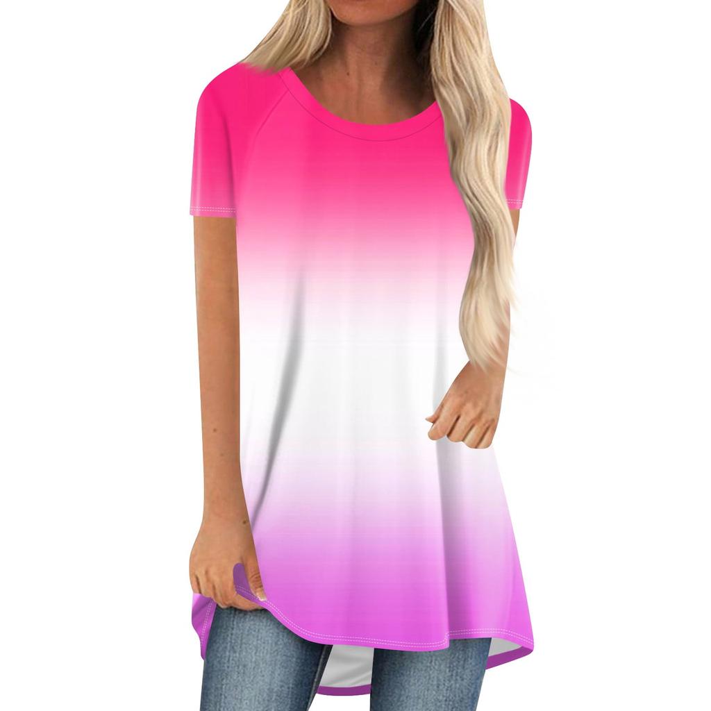 Gradient Color 3D Print Long T-Shirts Women Casual Streetwear Oversized O-Neck Short Sleeve T Shirt Y2K Tops Tees Woman Clothing
