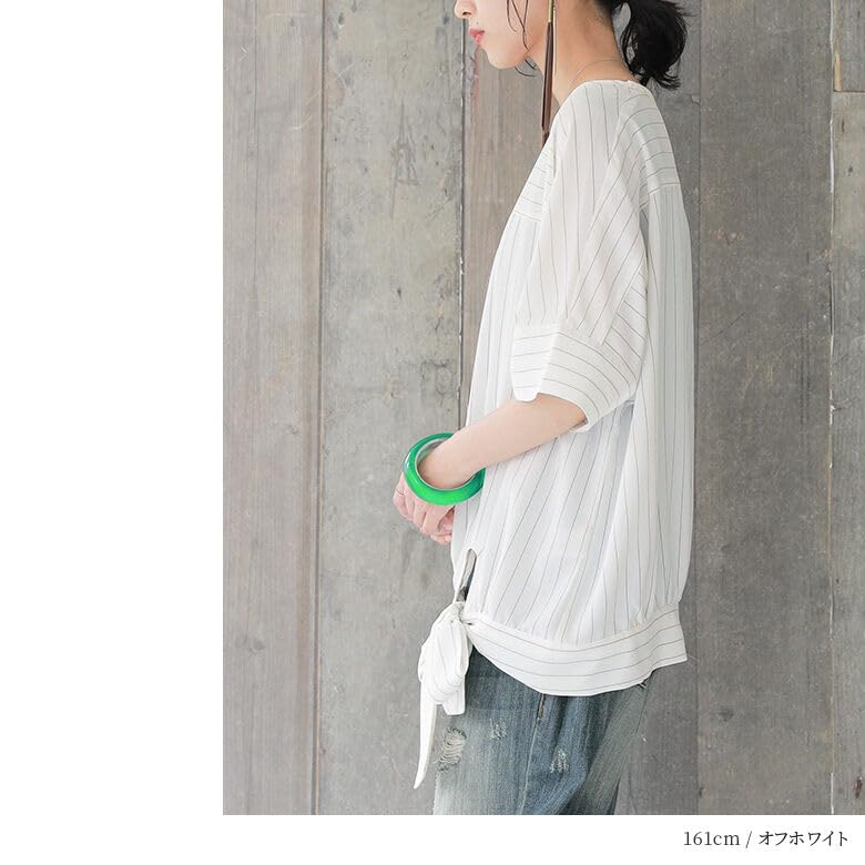 Oshare Walker Stripe Short Crew Upper Arm Loose tkn0045 n'OrLABEL [Ribbon Blouse] Shirt/Blouse, Spring/Summer, Women's Top, Sleeves, 3/4 Sleeves,