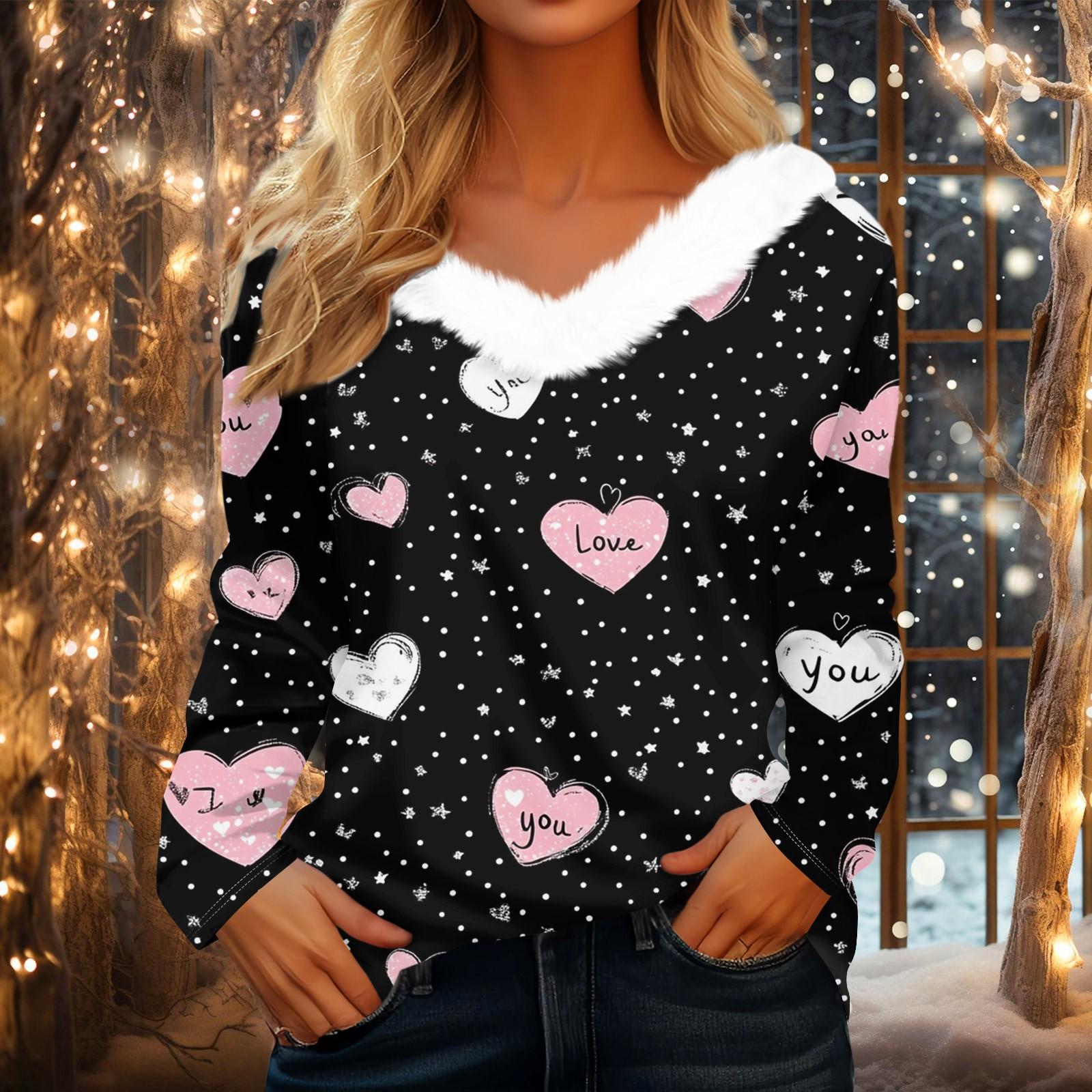 

Женская рубашка с длинным рукавом и принтом в виде сердца ко Дню святого Валентина, повседневная свободная футболка с V-образным вырезом, топы L чёрный