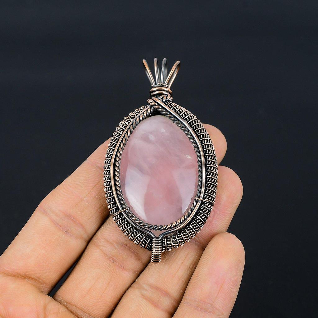 Rose Quartz Jewelry, 999 Copper Wire Wrapped Pendant Handmade Gemstone Jewelry, Gifts For Wife Brand New Pendant