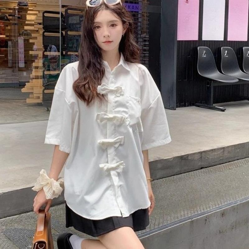 Women's Solid Color Shirt Female Three-dimensional Bow Design Short Sleeve Blouse Summer New Korean Loose Versatile Lady Top