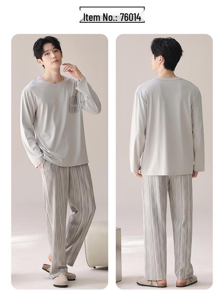 Men's 100% Cotton Long Sleeve & Pants Pajama Set - Korean Style Casual Homewear for Indoor/Outdoor Use