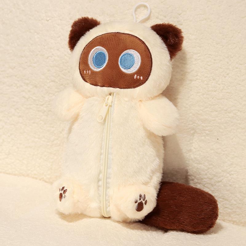 Peluche Gato Siamés Estuche para Lápices Animal de Peluche Gran Capacidad Bolsa de Papelería Diseño Lindo Dibujo Animado Muñeco Gato Bolsa para Lápices Aprendizaje