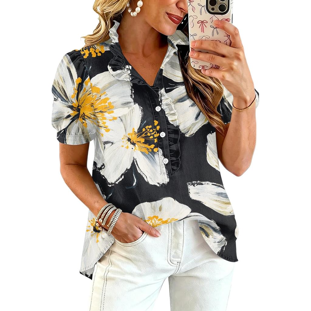 Women Ruffle V Neck Floral Print Short Sleeve Blouse Casual Loose Fit Button Down Top for Daily Office Wear