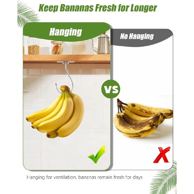 Self Adhesive Banana Hook Under Cabinet Foldable, 2 Pack Heavy Duty Metal Holder(13lb), Clear Banana Hanger Traceless, Keep Bananas Fresh & Kitchen