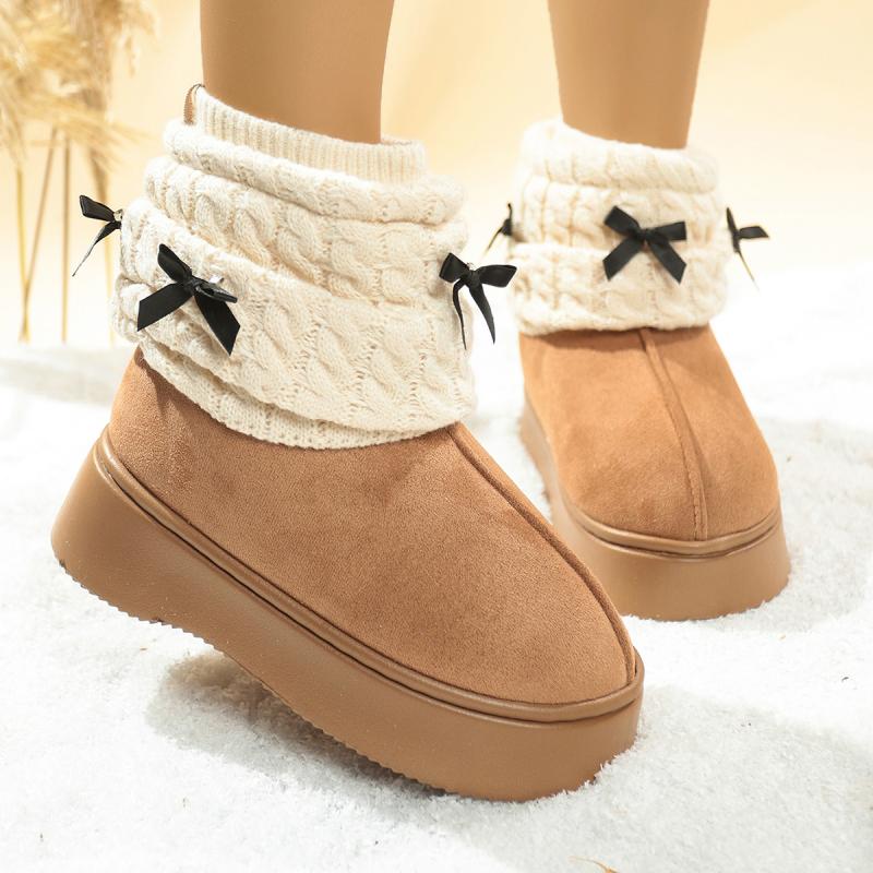 Fashion Soft Thick Bottom Snow Boots Women 2025 Winter Sweet Bowknot Knitted Leg Covers Warm Faux Fur Snow Boots Non Slip Winter Shoes