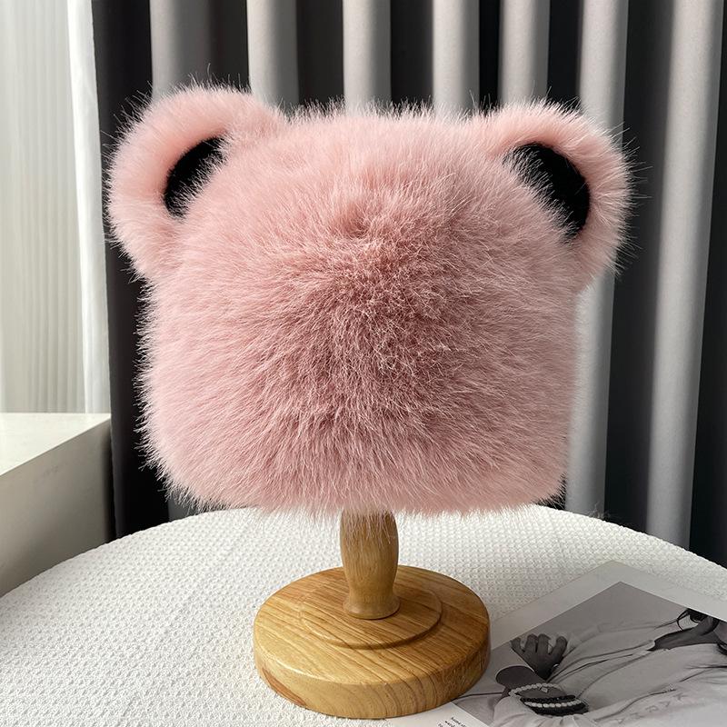 Imitation Fur Cute Bear Hat for Women Autumn and Winter Warm Ear Protection Cap Korean Style Plush Large Head Circumference Knitted Hat