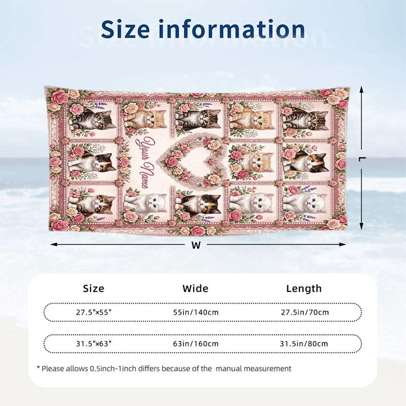 Cat Theme Beach Towel Personalized Custom Name & Text Soft Quick Dry Beach Towel for Swimming Travel