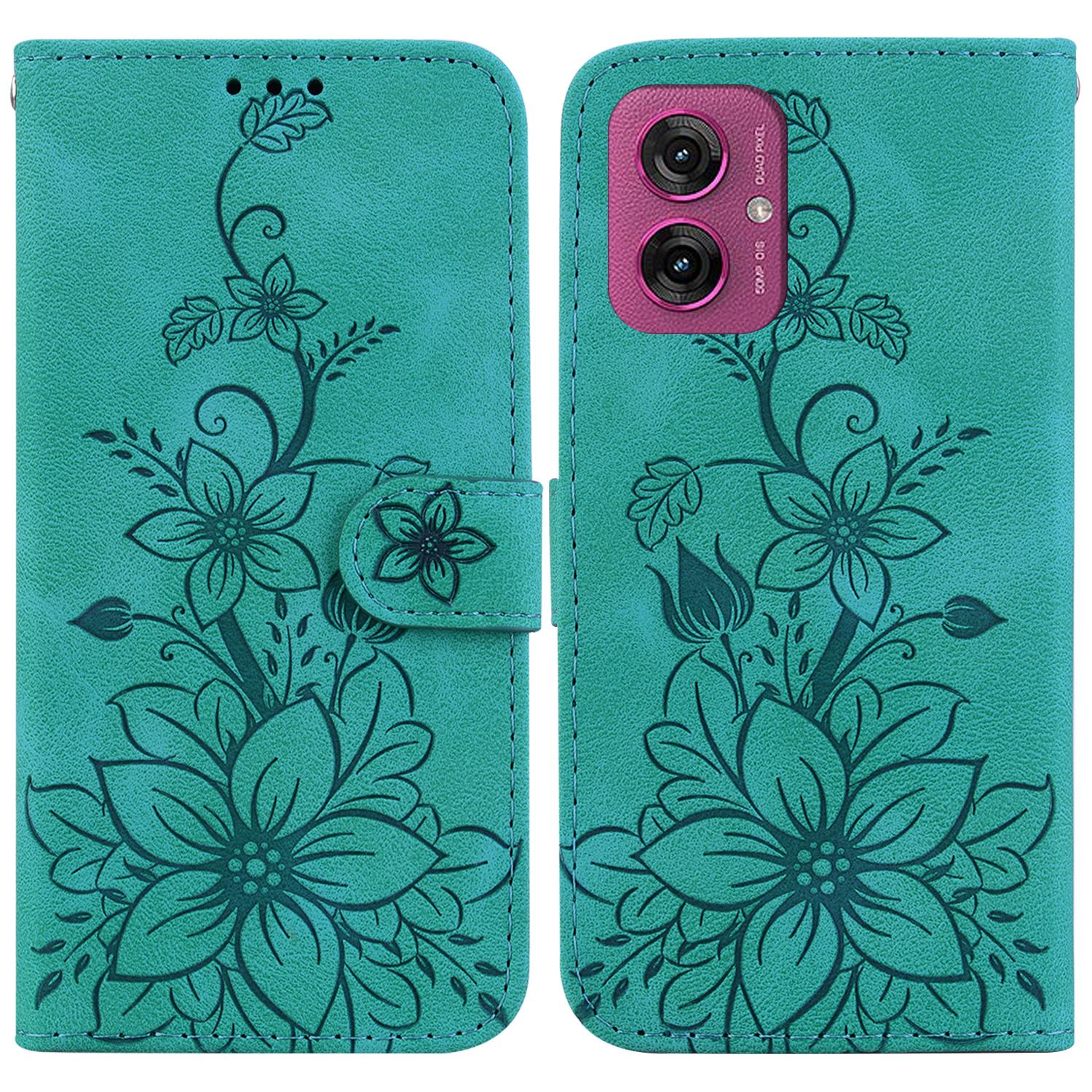 

For Motorola Moto G55 5G Case Lily Flower Imprint Leather Phone Cover with Stand Green