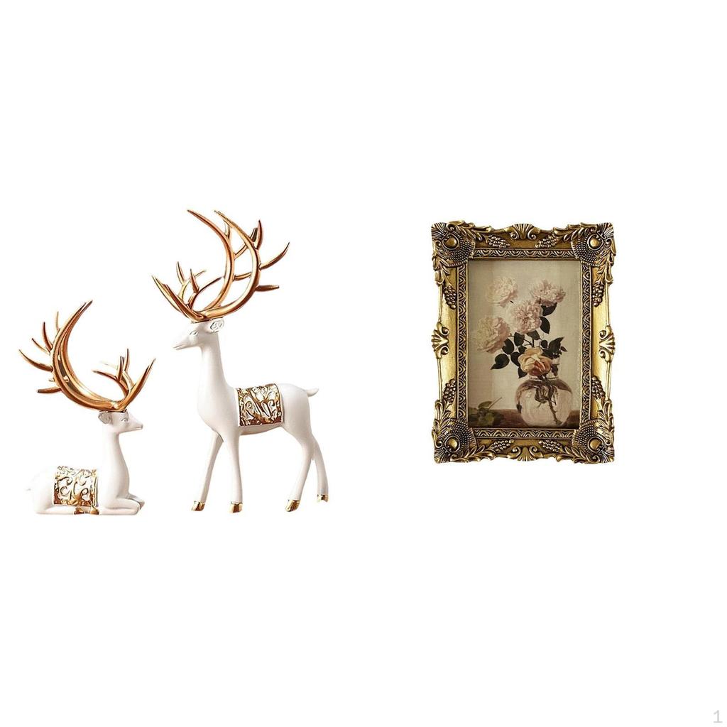 European Reindeer Sculpture Collectable Craft with Vintage Ornate Resin Photo Frame Decorative