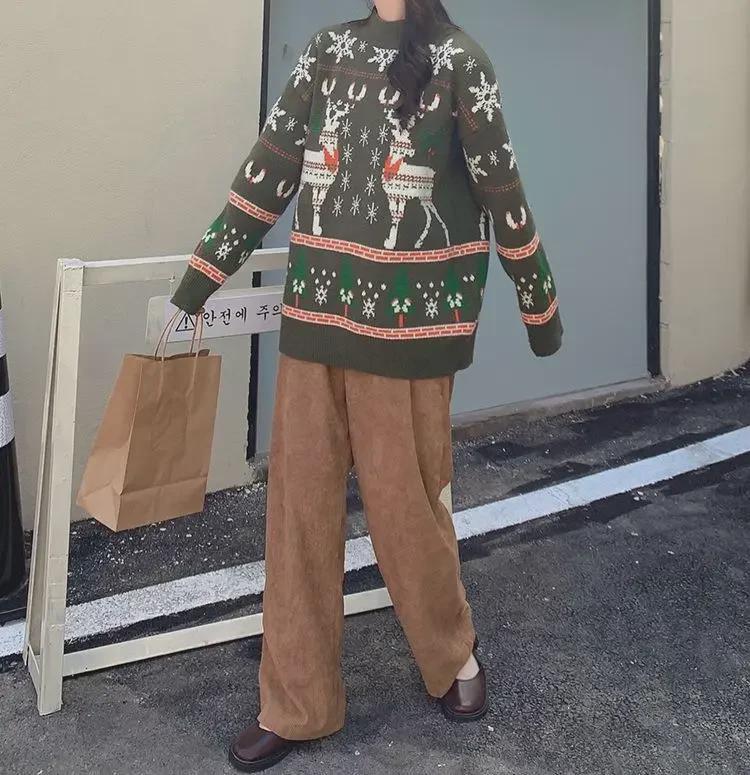 Pulover de Crăciun pentru femei cu elan roșu - Pulover gros și larg pentru iarna 2022