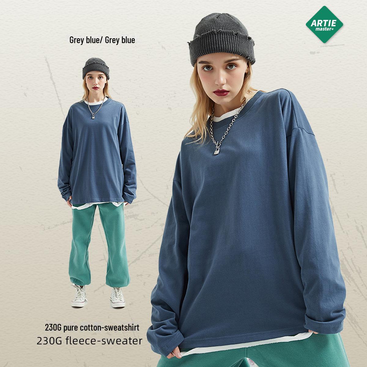 

2023 Autumn/Winter Thick Double Yarn Solid Color Loose Cotton Long Sleeve Pullover T-Shirt L синій/сірий колір