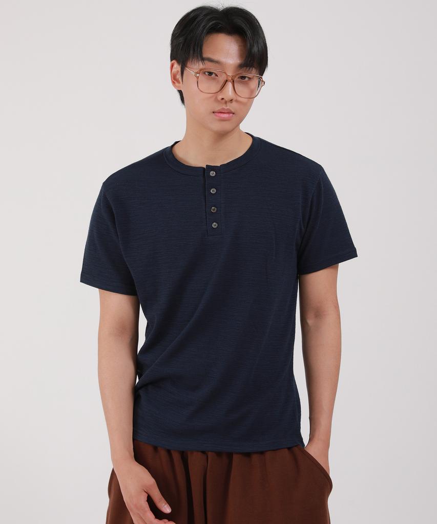 Dibellobeu Slub Henley Neck Short Sleeve T-Shirt_Navy