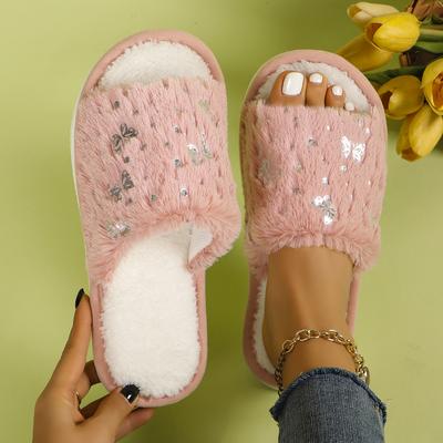 Casual Open Toe Plush Shoes, Plush Cotton Slippers Butterfly Decoration Comfortable Indoor Home Slippers