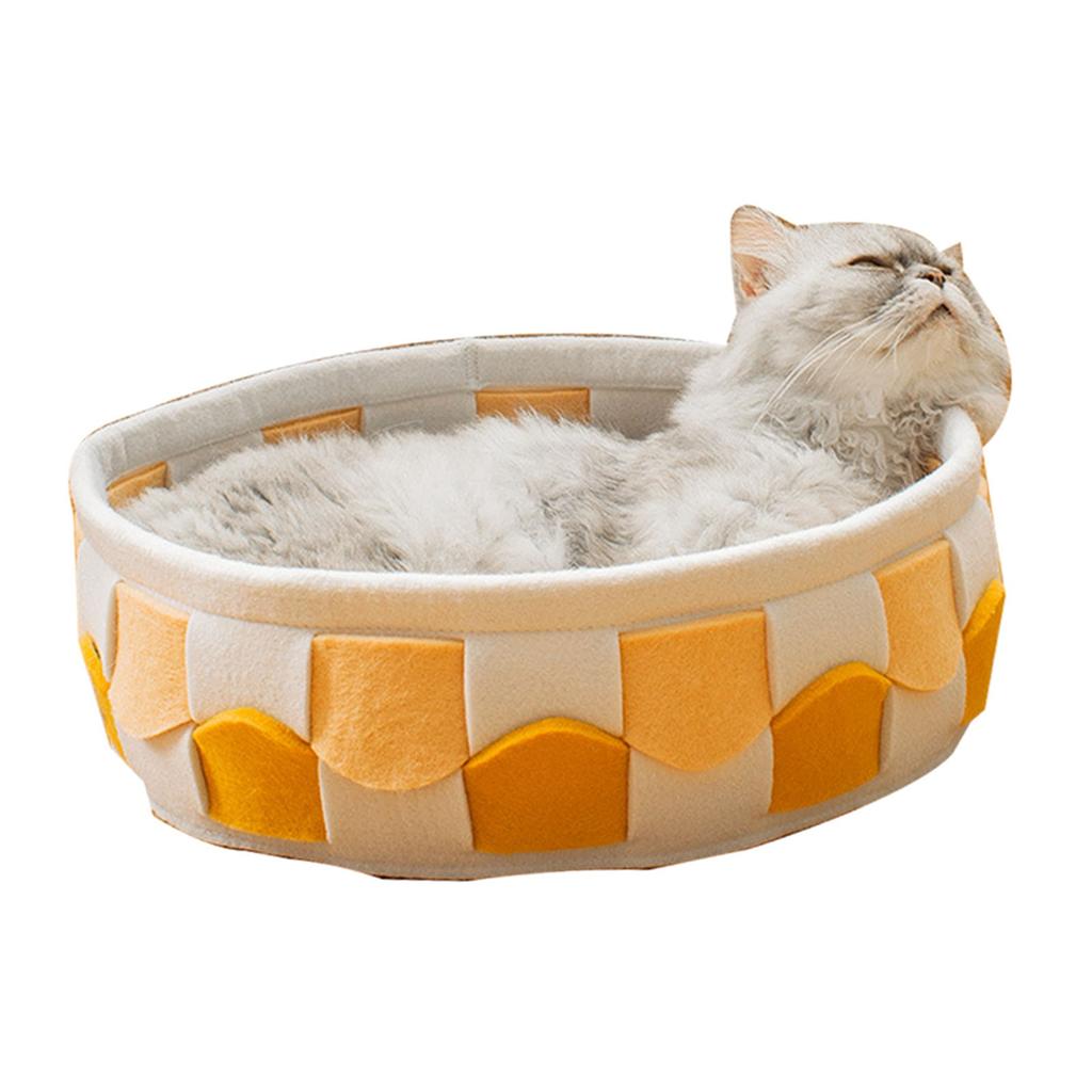 Round Cat Bed Soft Wave Line Braid Double Sided Universal Large Small Dog Bed for Winter Summer Yellow