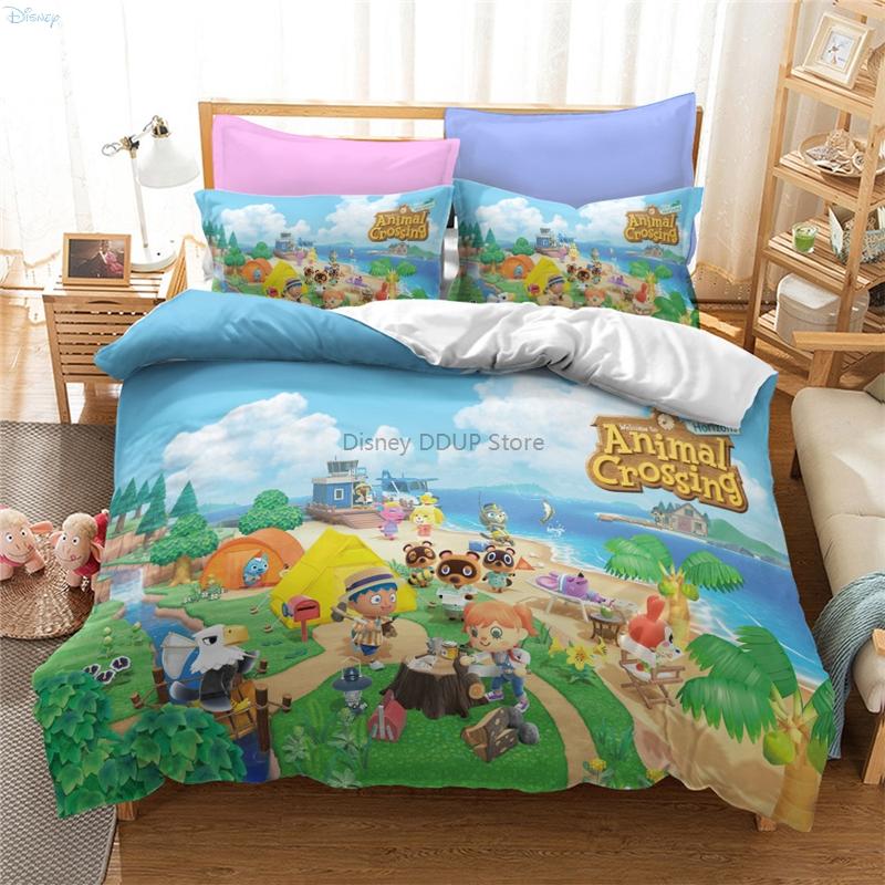 Animal Crossing Games Pattern Bedding Set Cartoon Print Duvet Cover Set with Pillowcase Twin Full Queen King Size Bedclothes