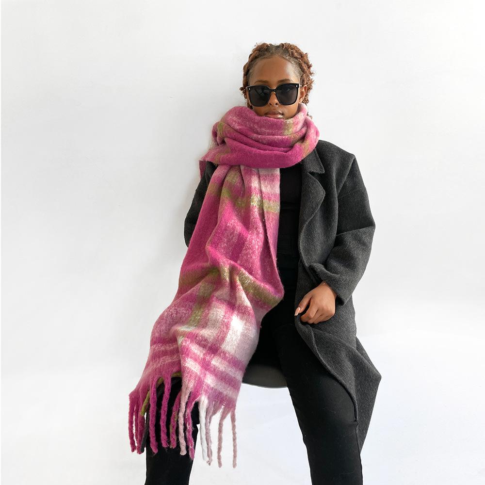 Classic Striped Plaid Seahorse Hair Scarf Women's Winter Warm Advanced Sense Rubbing Beard Long Fringed Scarf