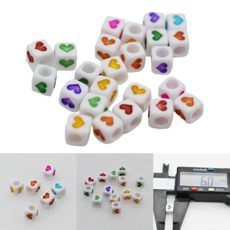 DIY Jewelry Making 50pcs Colorful Heart Printed Loose Beads Necklaces Bracelet Beads with Big Hole Square Beads