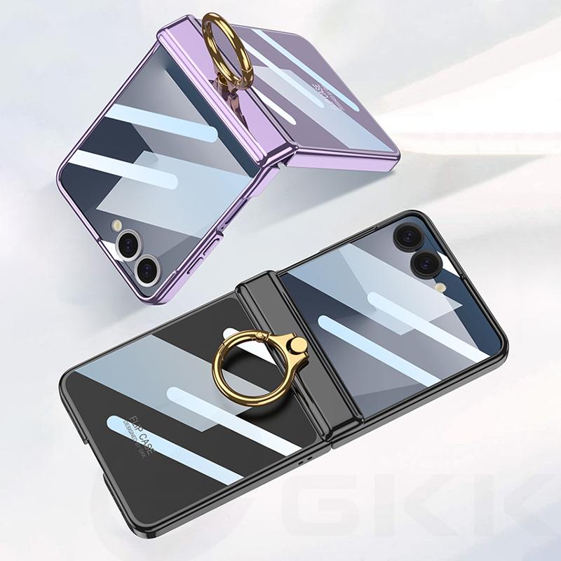 Luxury Plating Magnetic Hinge Case for Samsung Galaxy Z Flip 7 6 5 Screen Glass Ring Holder Hard Cover for Galaxy Z Flip7 Case