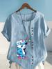 Women's Fashion Blue Bear Print Shot Sleeve T-shirt Loose Cotton Shirt Casual Loose Summer Blouse Tops Plus Size
