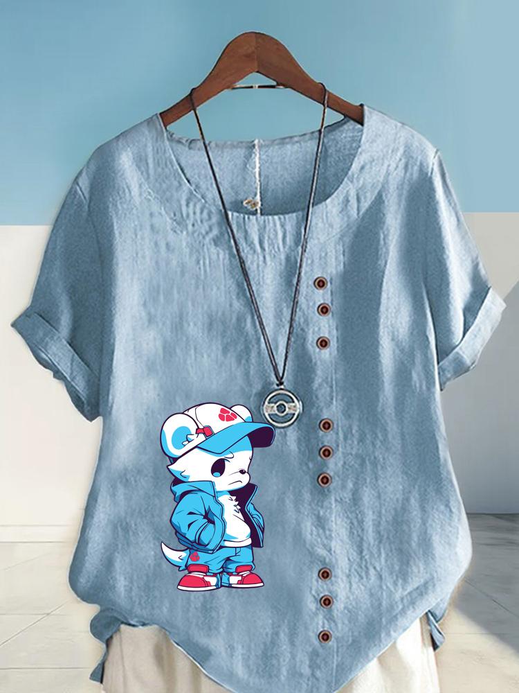 Women's Fashion Blue Bear Print Shot Sleeve T-shirt Loose Cotton Shirt Casual Loose Summer Blouse Tops Plus Size