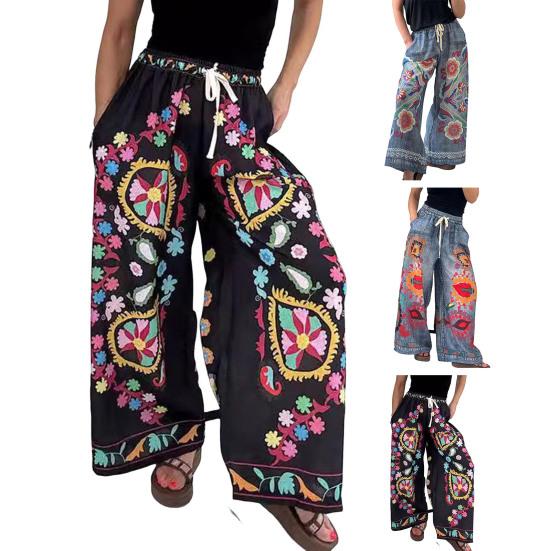 Pantaloni de damă cu șnur, imprimat exagerat, cu design de denim imitație, Pantaloni cu picioare largi Pantaloni cu talie elastică, cu buzunare