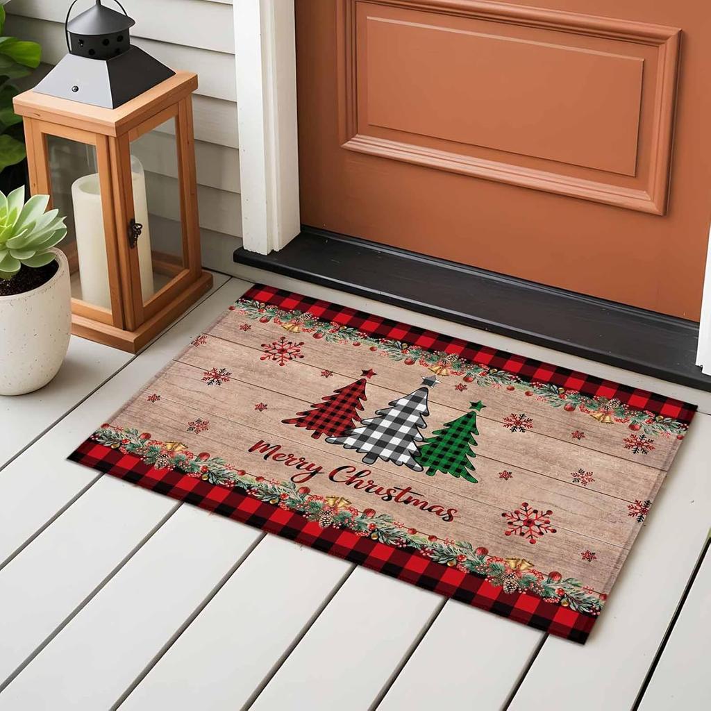 VIKAMA Retro Christmas Tree Entrance Rug Anti-Slip Kitchen Laundry Room Floor Mat Winter Welcome Door Mat Home Decoration