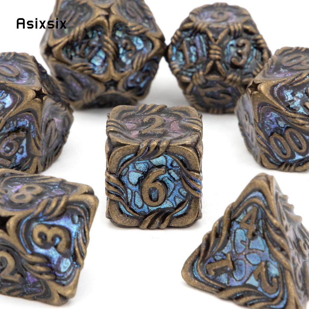 7 Pcs Yellow Blue Tree Vine Metal Dice Solid Metal Polyhedral Dice Set Suitable for Role-Playing RPG Board Game Dice RPG