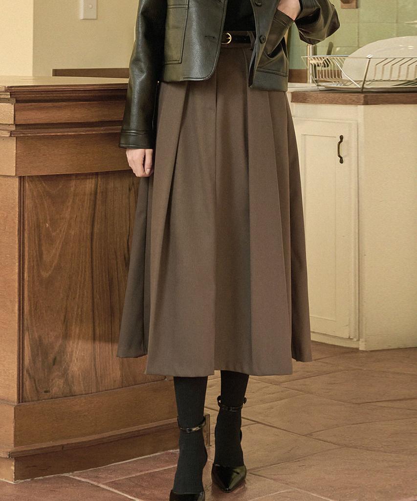 Micene Urbane Pleated Long Skirt - Belt Set Brown