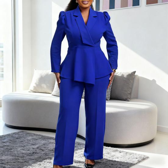 Womens Plus Size 2 Piece Outfits Long Sleeve Ruffle Irregular Hem Blazer Pants Set Business