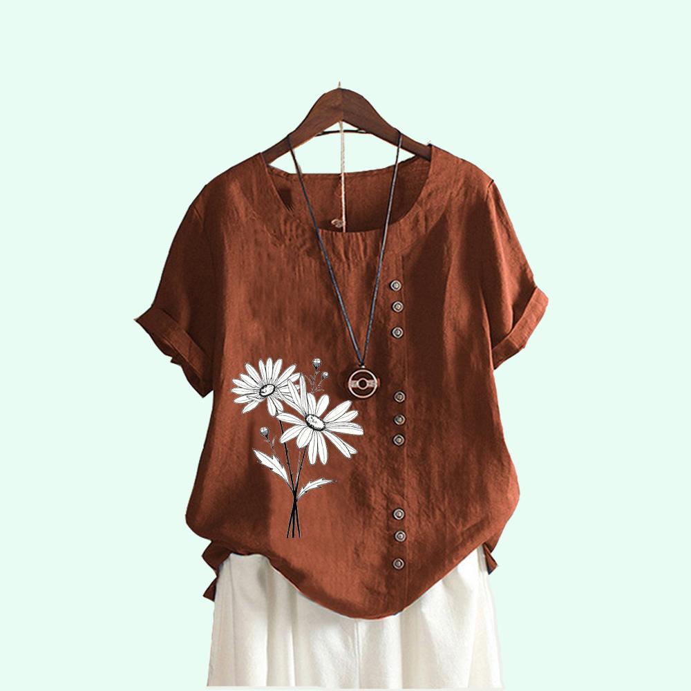 Ladies Flower Print Casual Round Neck Blouses Summer Short Sleeve Plus Size Pullover Loose T-shirt