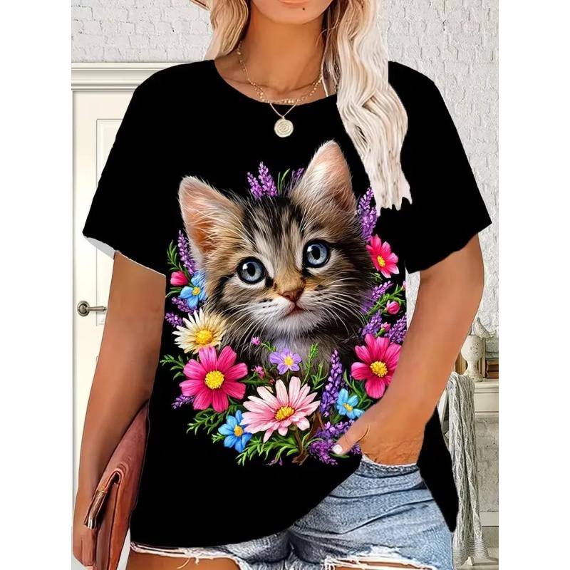 Modisches Damen Rundhals Kurzarm 3D Tier Farbdruck Tier Kurzarm Rundhals T-Shirt