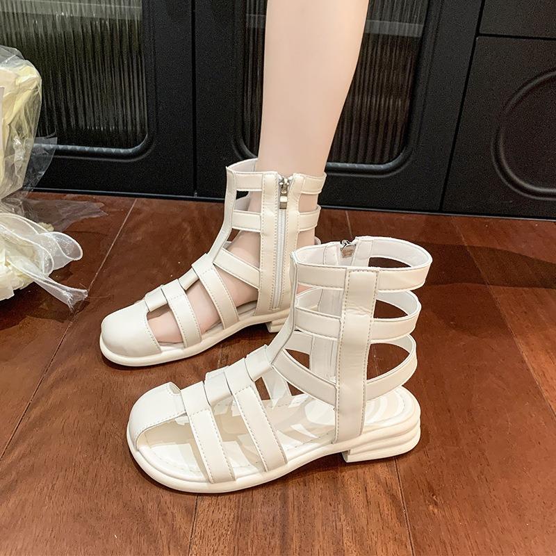 Niche design half bag head hollow leak toe cool boots thick heel leather side zipper high top sandals women