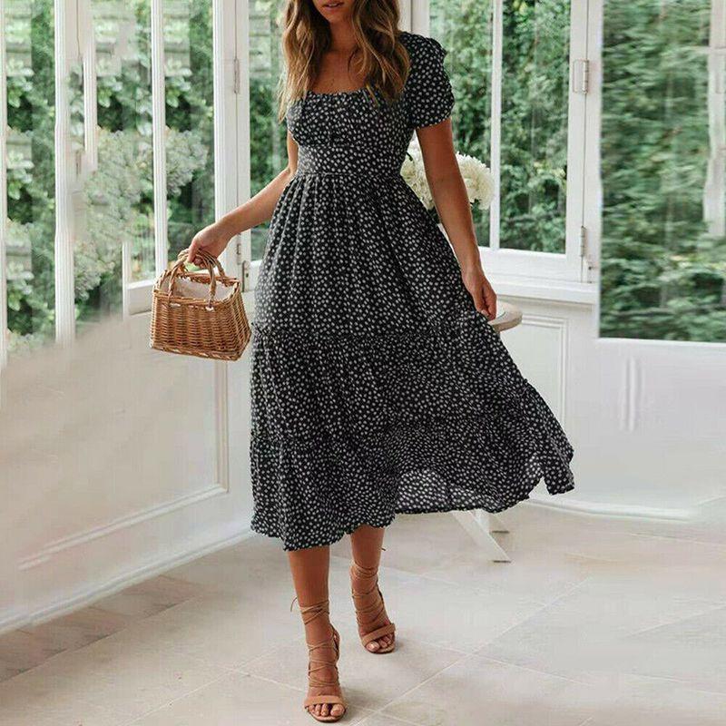 Elegant Women Polka Dot Boho Ruffle Maxi Beach Dress With Square Neckline