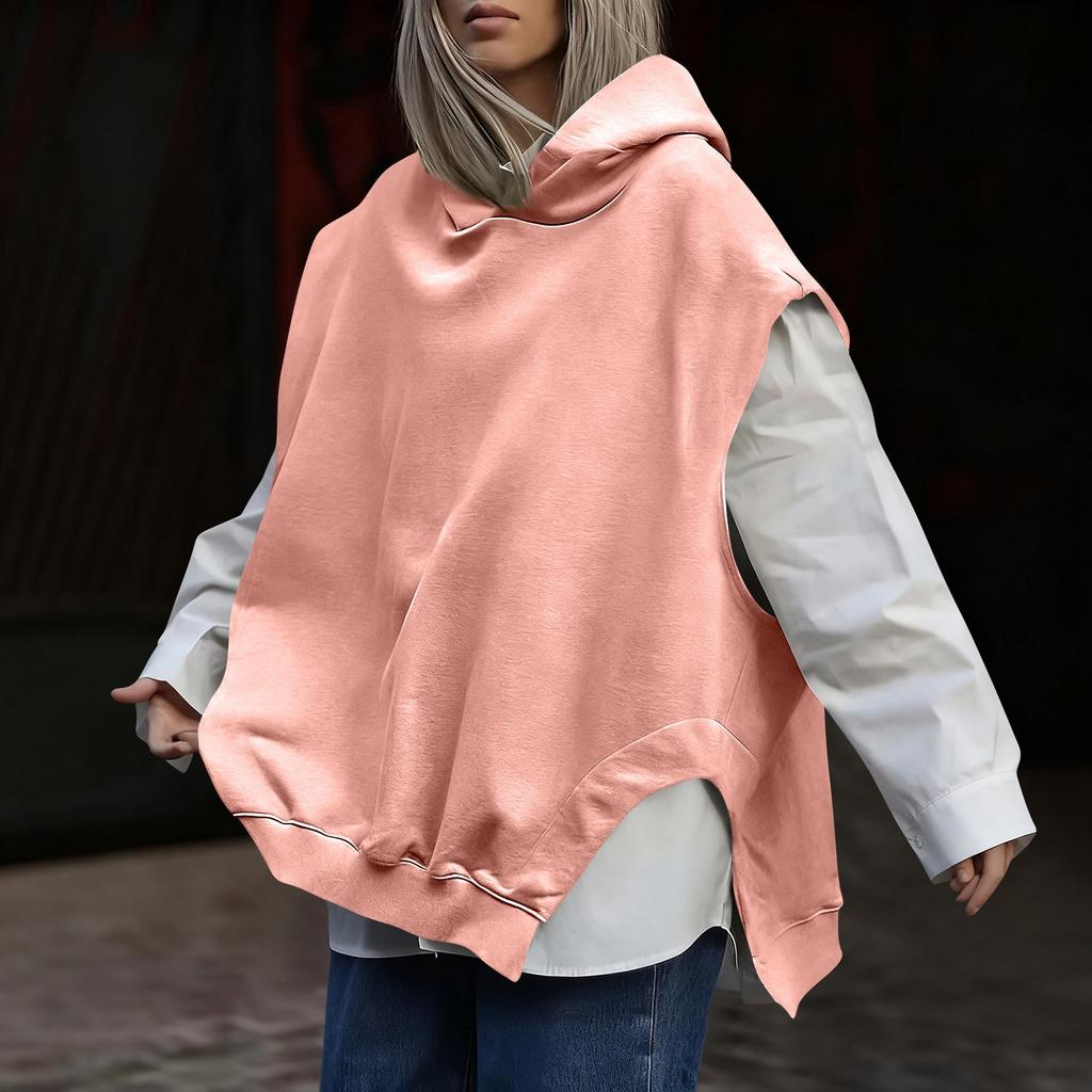 Women's Fashionable Solid Color Sleeveless Hooded Hem Asymmetrical Casual Pullover Vest Hoodie